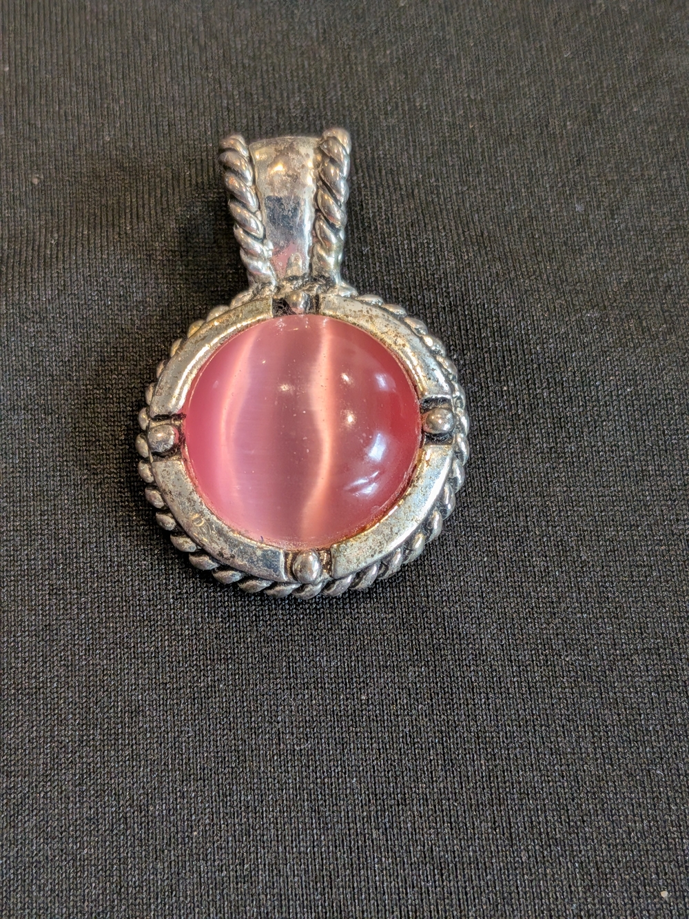 Pink Round Moon glow Glass Cabochon Pendant in Silver-Tone Setting